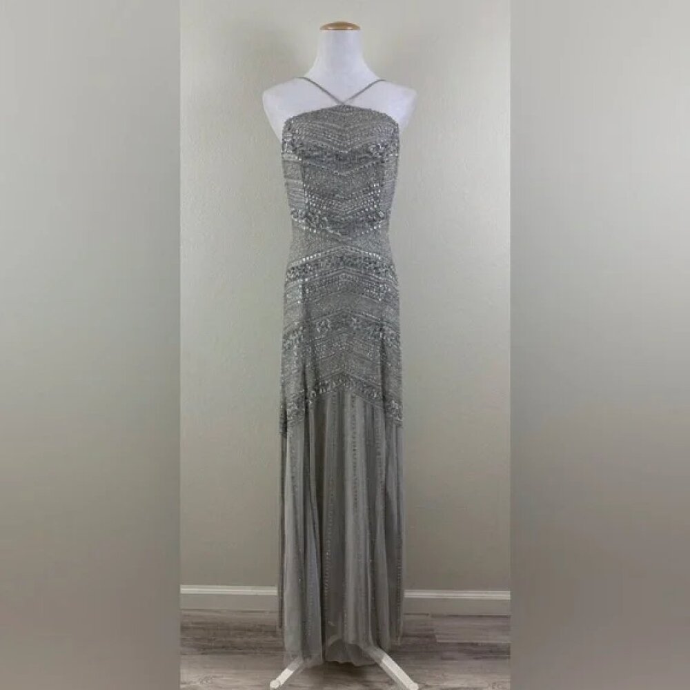 Aidan Mattox Silver Beaded Halter Evening Gown